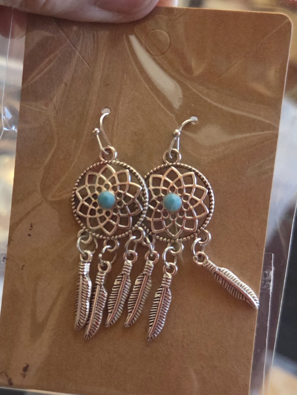 Silver Dreamcatcher Drop Earrings with Turquoise Accent